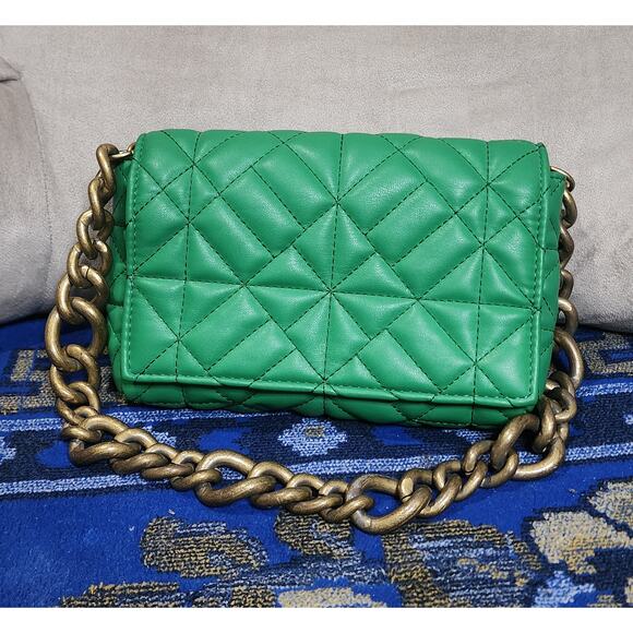 Zara Green Faux Leather Rectangle Medium Size Gold rustic Chain Shoulder Bag - Picture 1 of 11